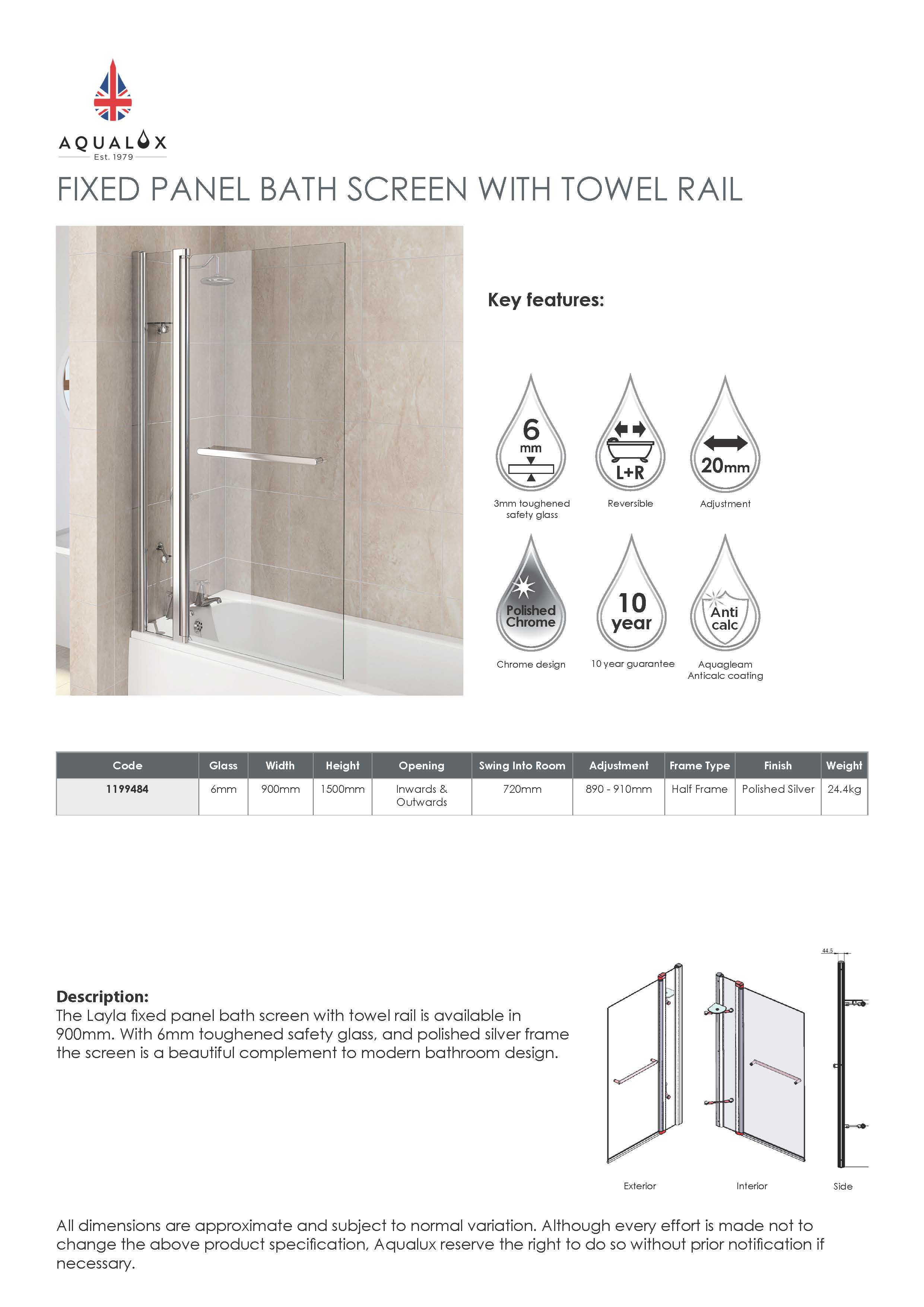 Aqualux AQUA 6 Square Bath Screen with fixed panel and towel rail 900mm